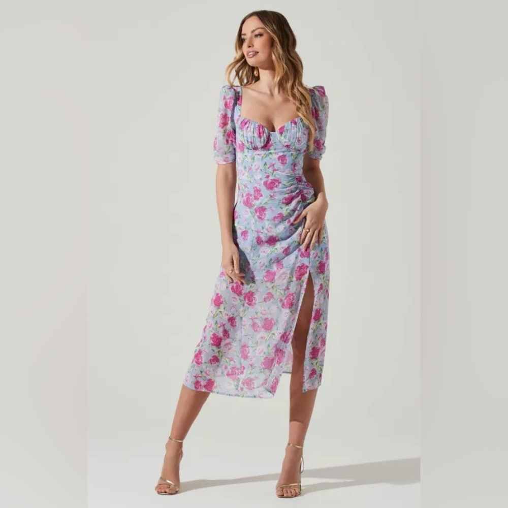 ASTR Lavender Floral Midi Dress with Pink Rose Print